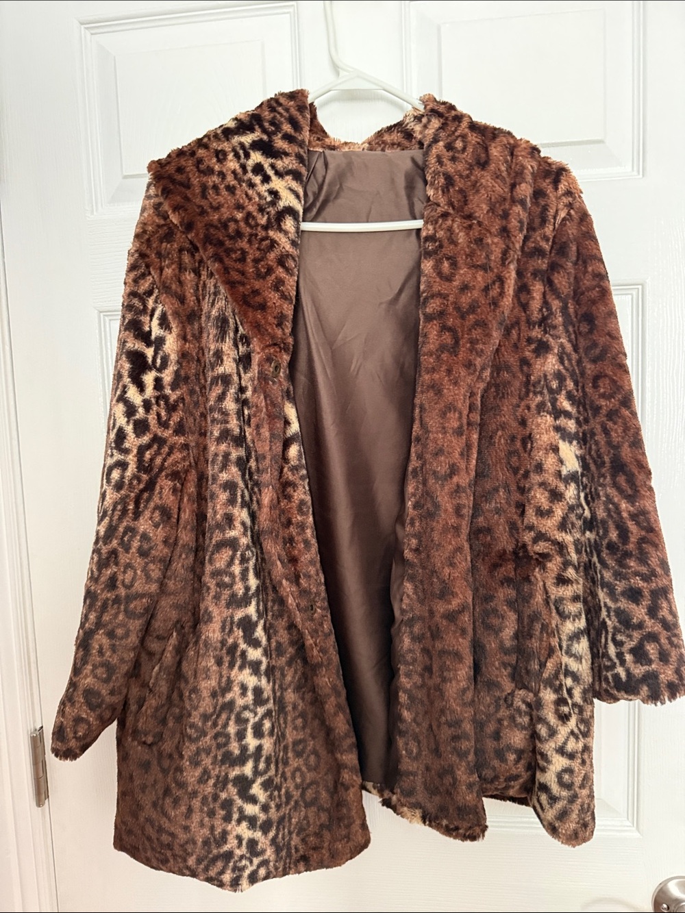 Leopard Print Faux Fur Hooded Coat - Brown